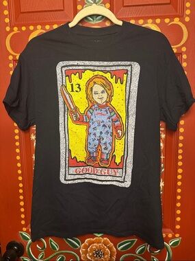 Spencer's Black Chucky 'Good Guy' Graphic Tee with Yellow & Red Artwork